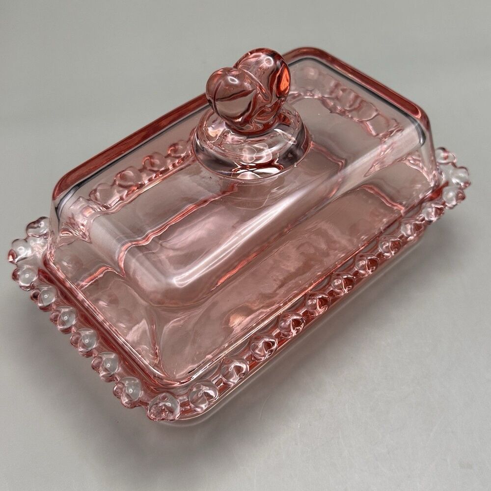Pink Glass Butter Dish Heart Lid Covered Dish Beaded Rim Valentine Decor Chic